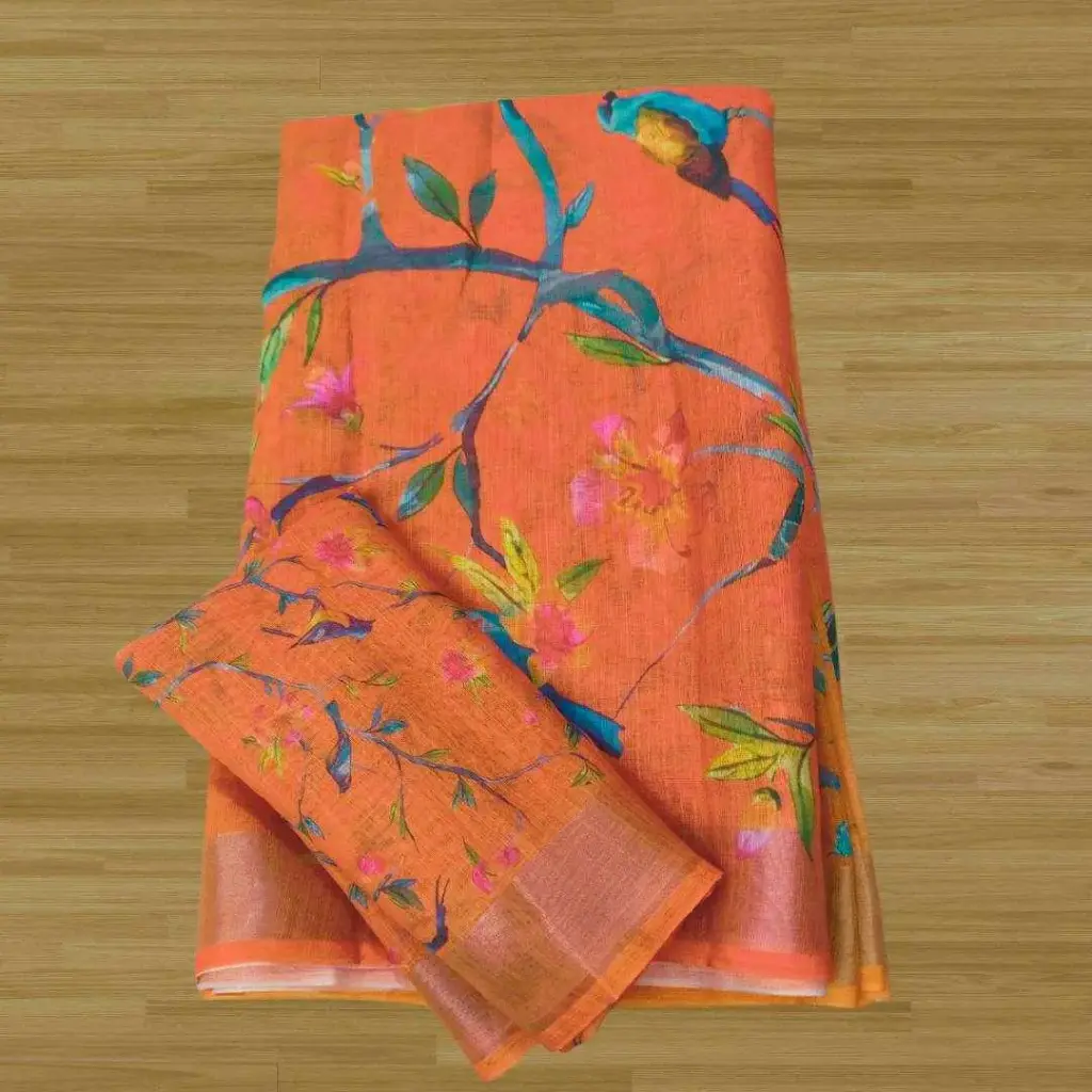 S4S Linen Orange Bird Digital Print Cotton Saree