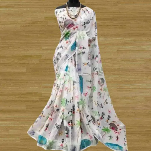[S4S Linen White Dancing Human Digital Print Cotton Saree] S4S Linen White Dancing Human Digital Print Cotton Saree